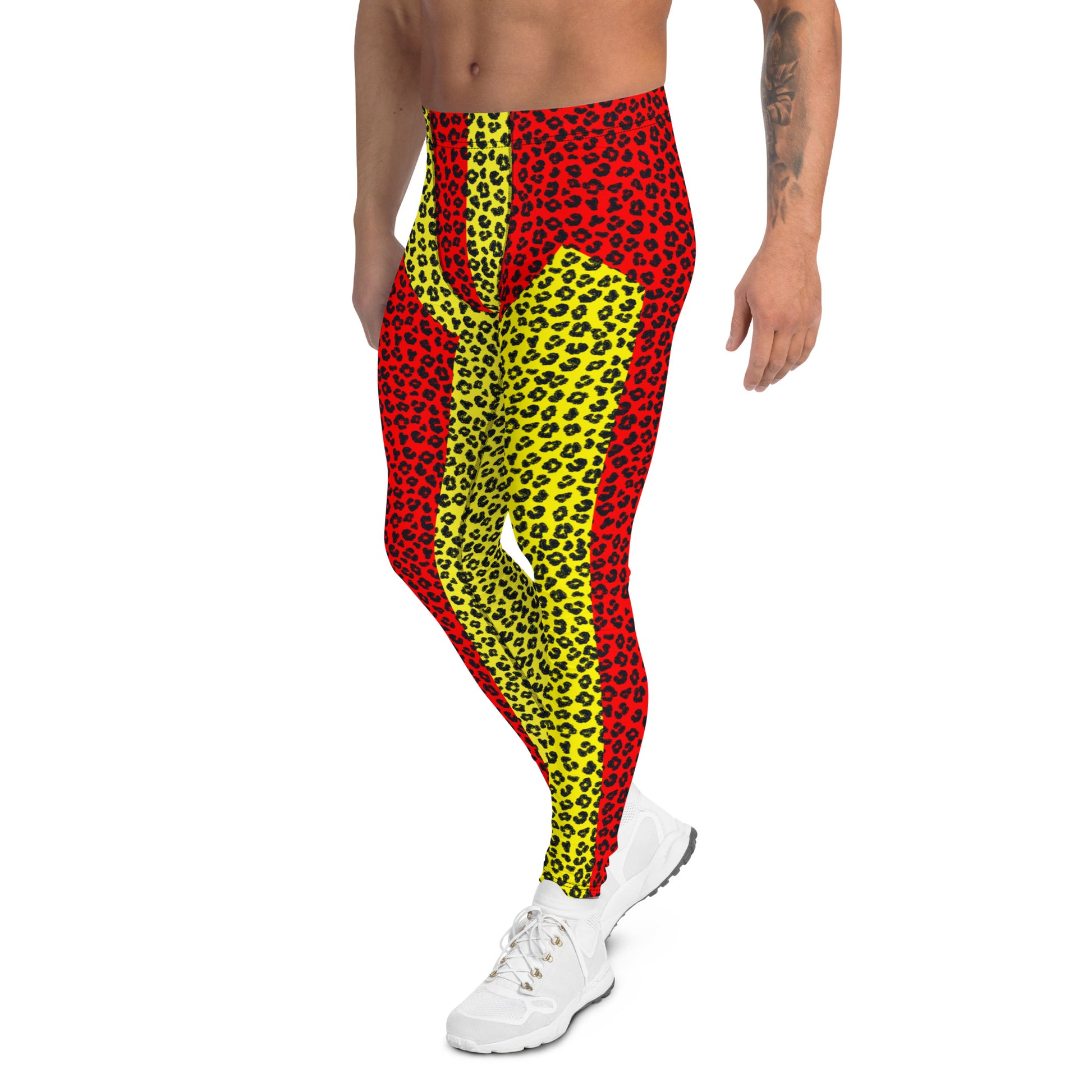 Wrestling Tights Red Leopard Skin, Mens Leggings, Performance Pants, Yoga Leggings Gym, Mens Rave Outfit, Mens Festival Meggings. Red leggings for men with yellow and black all-over design. Dancewear for guys with split color design in vibrant tones.