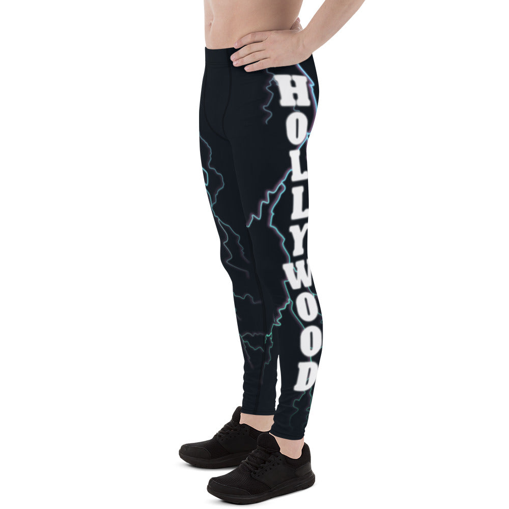 Mens Leggings Pro Wrestling Fashion Meggings with lightening strikes and a magical celestial sky, Hollywood Lightning down each leg, Workout Gym Rat Sport Pants, Vibrant Activewear Gear for Man, Dance Tights. Unique all-over print design meggs.