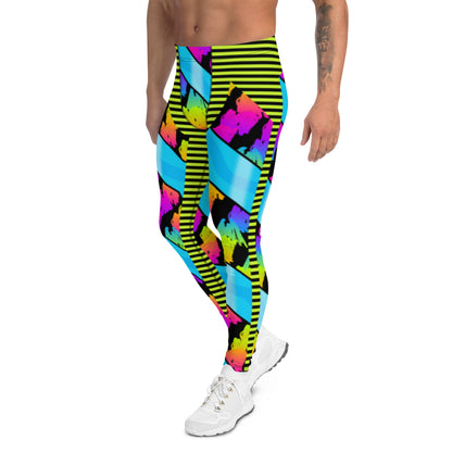 Pro wrestling long tights in a retro 80s rainbow design. In the style of WWE wrestling tights. Rainbow colored cosplay meggings with striped yellow. Halloween party outfit for wrestling fans and followers.