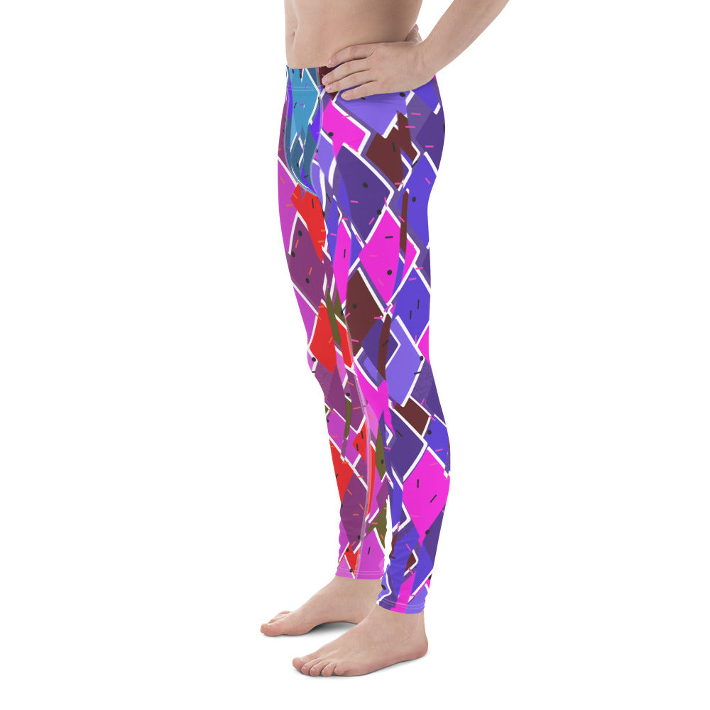 Mens Leggings Retro Harlequin Pro Wrestling Tights, glitchcore Fractal Geometric Patterned Festival Meggings, Dance Pants, Rave Gear, Clubbing Outfit. Purple, red, blue, white fractal kitsch meggings guys in diamond shapes. Retro pro wrestling gear