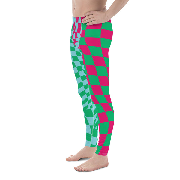 Mens Leggings Glitchcore Harlequin, Pro Wrestling Tights, Guys Running Tights, Dancewear, Festival Pants, Fashion Meggings, Gym Gear. Pink, blue and green fashion meggs for gym, pilates, yoga and festivals.
