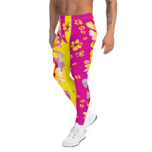 Mens Leggings Floral, Yellow and Pink Flower Print Leggings, Pro Wrestling Tights, Funky Fashion Leggings, Yoga Pants, Gym Outfit, Rave Gear