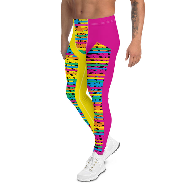 Mens Leggings, Yellow and Pink Monstera Print Leggings, Pro Wrestling Tights, Funky Fashion Leggings, Yoga Pants, Gym Outfit, Camp Rave Gear in pink and yellow with rainbowcore monstera leaves