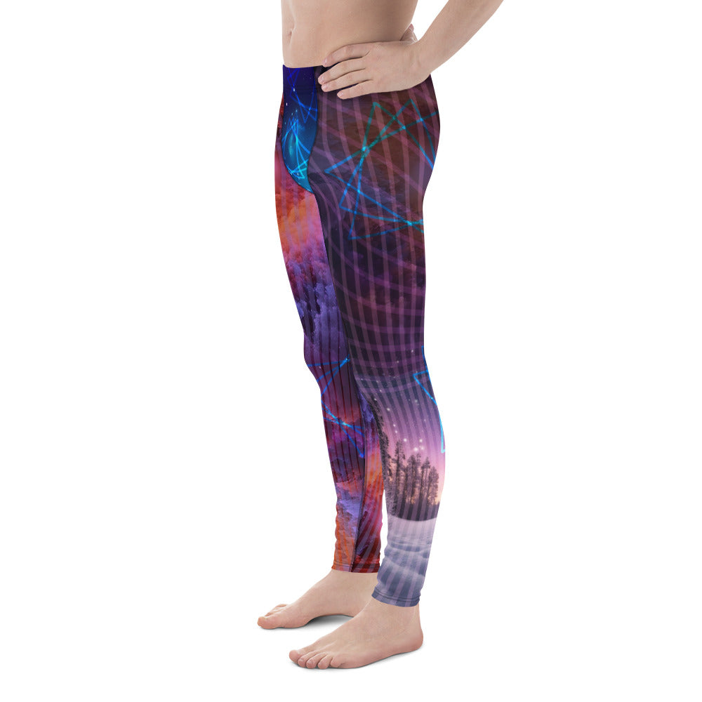 Mens Leggings Galactic Nebula, Bjj Compression Spats, Pro Wrestling Tights, Running Tights, Fashion Meggings, Festival Leggings, Rave Gear. Neoncore rainbow futuristic fashion meggs for guys with nebula clouds, winter forest, abstract pattern.