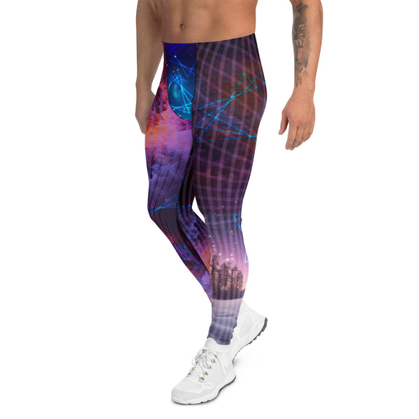 Mens Leggings Galactic Nebula, Bjj Compression Spats, Pro Wrestling Tights, Running Tights, Fashion Meggings, Festival Leggings, Rave Gear. Neoncore rainbow futuristic fashion meggs for guys with nebula clouds, winter forest, abstract pattern.