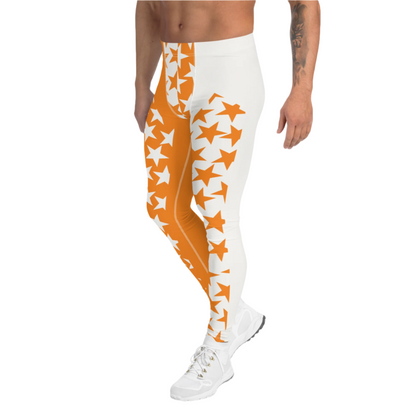 Mens matching tank top and pro wrestling tights in orange and white stars with alternating background and cut out insets.