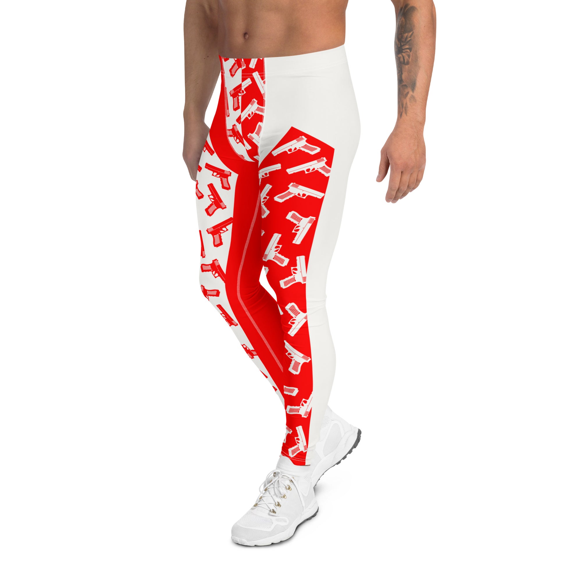 Mens leggings, funky pro-wrestling tights with toy pistols in orange and white. Ankle length fashion meggings for rave parties, festivals, Halloween cosplay, streetwear.