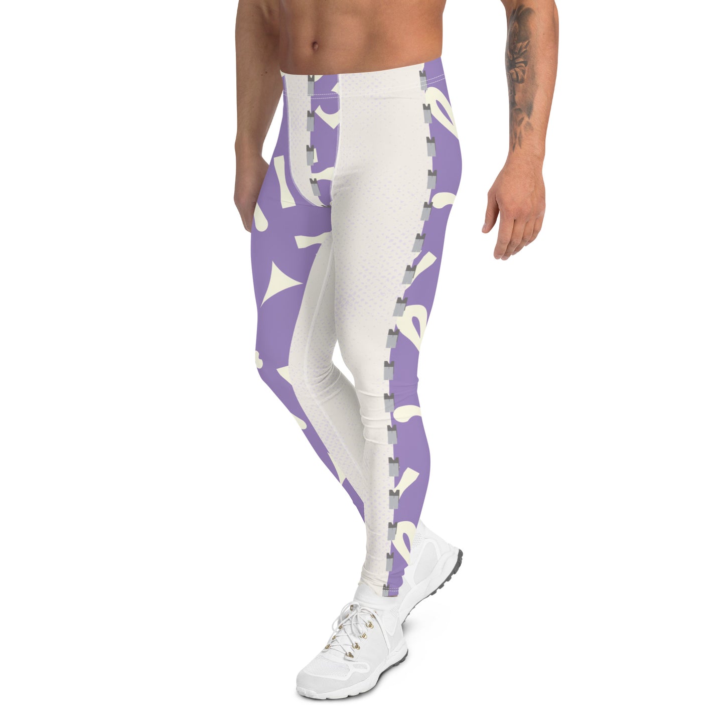 Purple and white fun retro pro wrestling tights for men. 80s Memphis style leggings for guys with alternating colors and geometric shapes. Fashion meggings and party outfit.