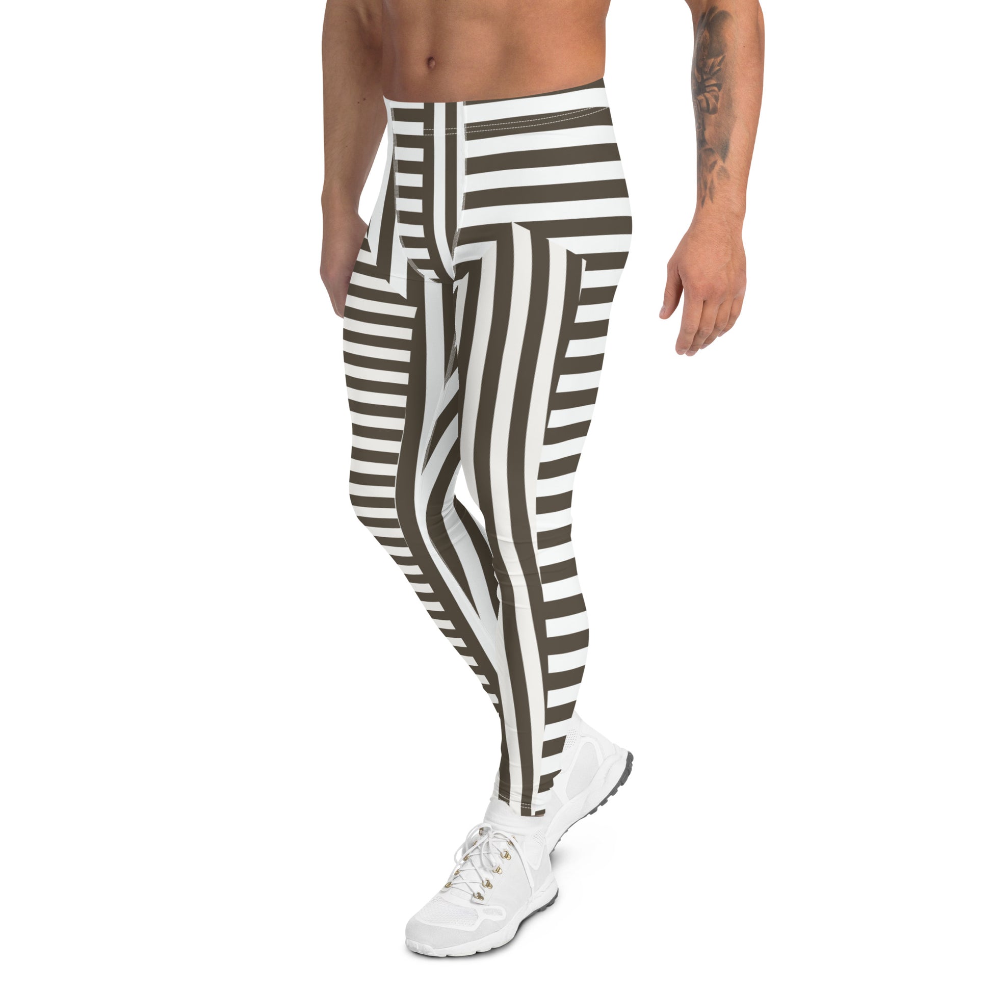 Retro style gray / brown and white striped pro wrestling tights for men. Great as BJJ spats. 80s Memphis style leggings for guys with alternating insets pattern. Fashion meggings and party outfit.