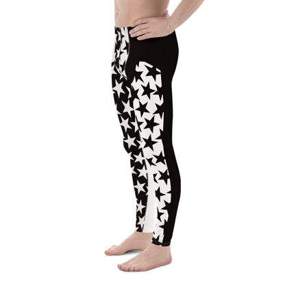 Men's leggings in black and white with inset alternate stars at the front. Pro wrestling tights, NFL American football gear or festival rave outfit with ankle length legs and mid rise elasticated waist band.