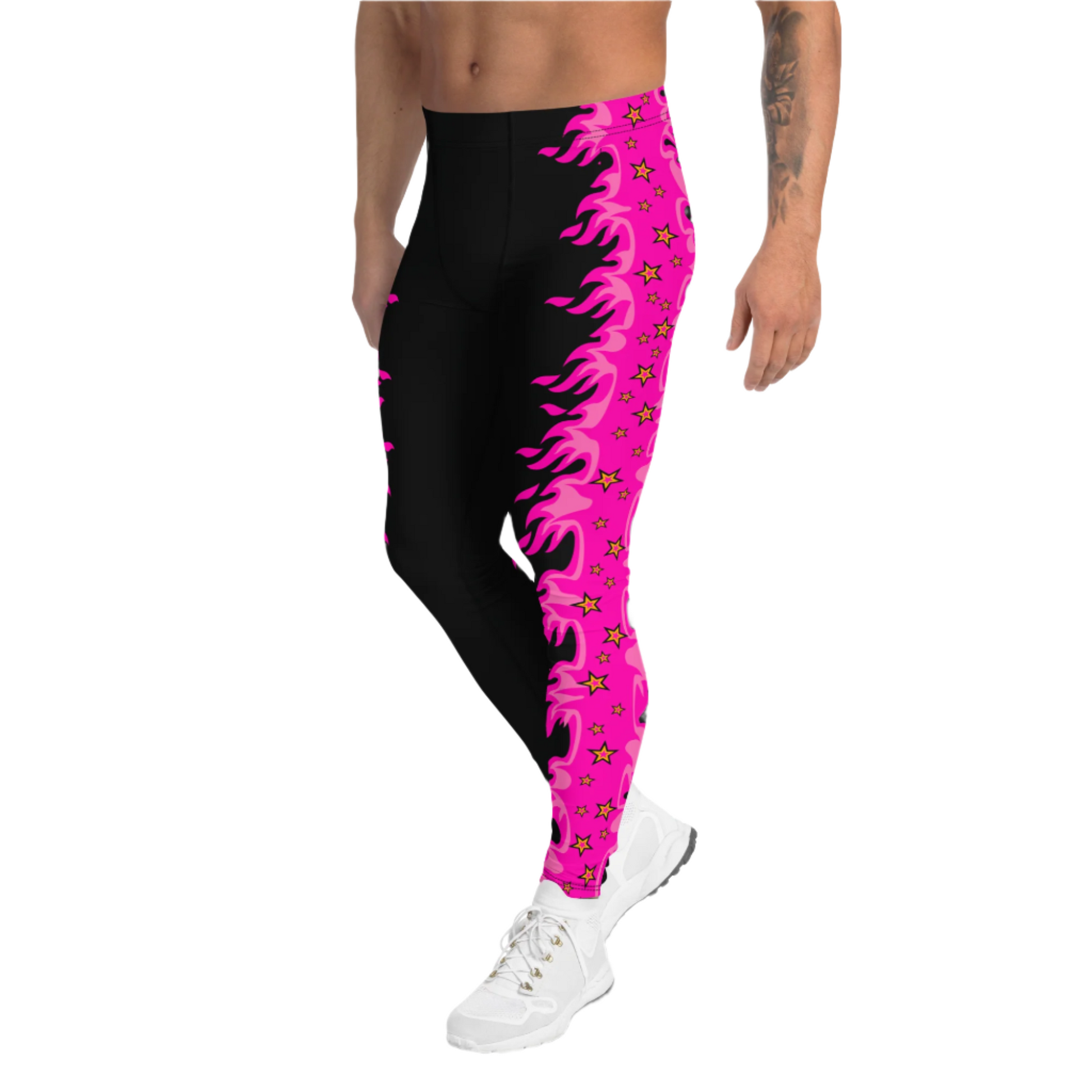 pink pro wrestling tights for men in pink and black with fire down each side. Fun fashion meggings for guys who enjoy WWE cosplay. or festival gear like Burning Man.