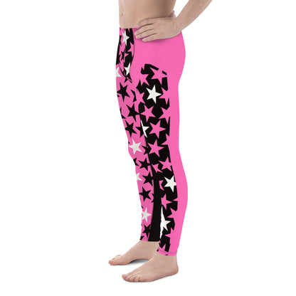 Mens Leggings Stars in pink and black, Pro Wrestling Tights, BJJ no-gi spats, Funky Fashion Leggings, Yoga Pants, Gym Outfit, Rave Gear, Dancewear, Running Tights, Wrestling tights, yoga gym pilates outfit. Pink, yellow, black, white, purple, green, orange.