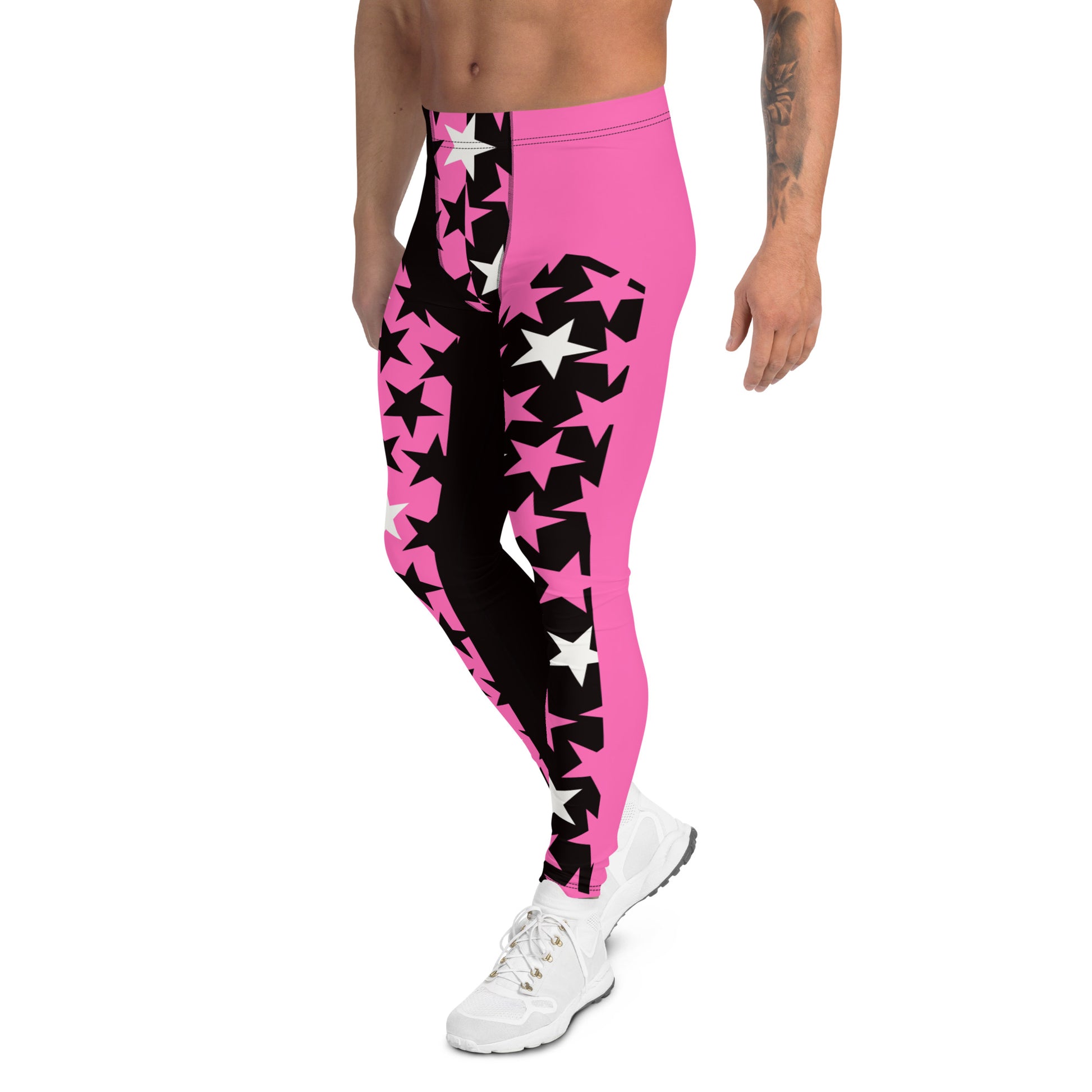 Mens Leggings Stars in pink and black, Pro Wrestling Tights, BJJ no-gi spats, Funky Fashion Leggings, Yoga Pants, Gym Outfit, Rave Gear, Dancewear, Running Tights, Wrestling tights, yoga gym pilates outfit. Pink, yellow, black, white, purple, green, orange.