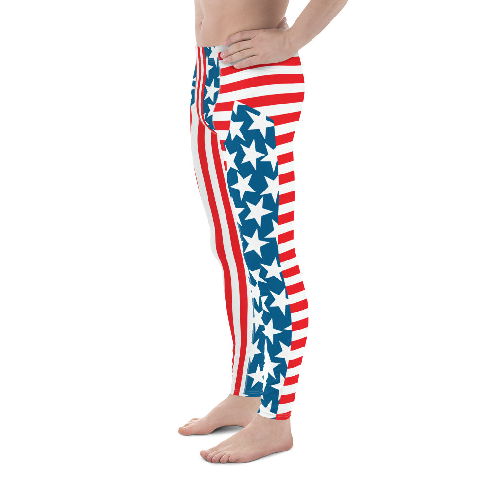 Mens Leggings Patriot, Pro Wrestling Tights in american flag, Forth July Retro Fashion Leggings, Yoga Pants, Gym Outfit, Rave Gear Dancewear, Running Tights, BJJ Spats. Red white blue 4th July party outfit. Halloween outfit for men.