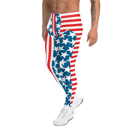 Mens Leggings Patriot, Pro Wrestling Tights in american flag, Forth July Retro Fashion Leggings, Yoga Pants, Gym Outfit, Rave Gear Dancewear, Running Tights, BJJ Spats. Red white blue 4th July party outfit. Halloween outfit for men.