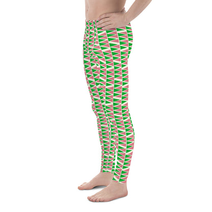 Mens leggings in retro mid century modern style. Green, pink, cream geometric patterned fashion meggings for men. Ankle length. Great for rave gear, festivals, BJJ, gym.