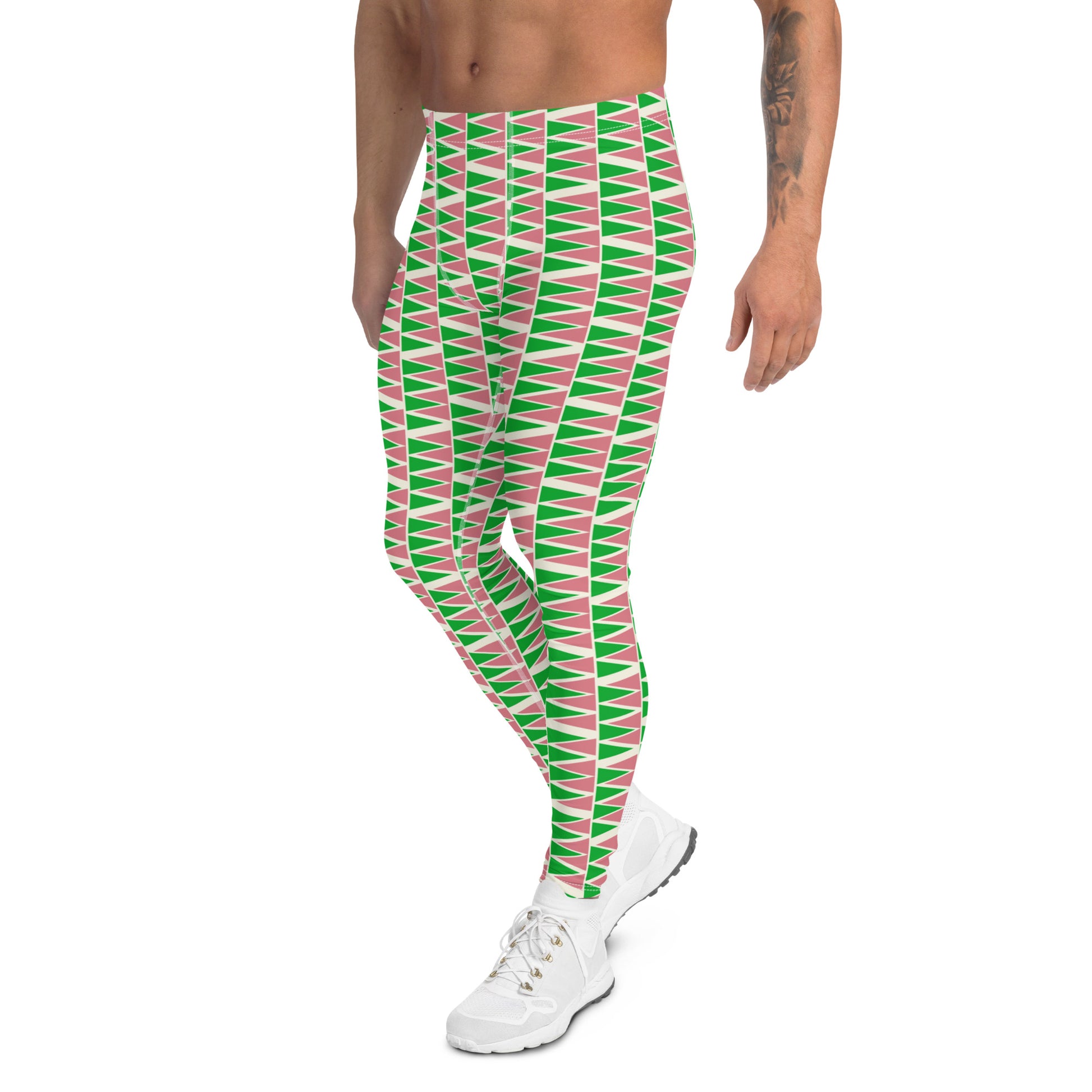 Mens leggings in retro mid century modern style. Green, pink, cream geometric patterned fashion meggings for men. Ankle length. Great for rave gear, festivals, BJJ, gym.