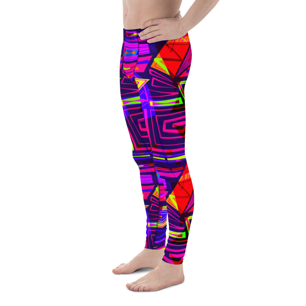 EDM electronic dance music style neoncore and vaporwave leggings for men in geometric angular layers and overlays. Tones of dark blue, red, pink, purple and orange in a neon effect. This EDM outfit or clubbing outfit is soft material with a stretchy 4-way stretch fabric that is super comfy and will ensure your mens fashion tights remain super bright and vivid long term.