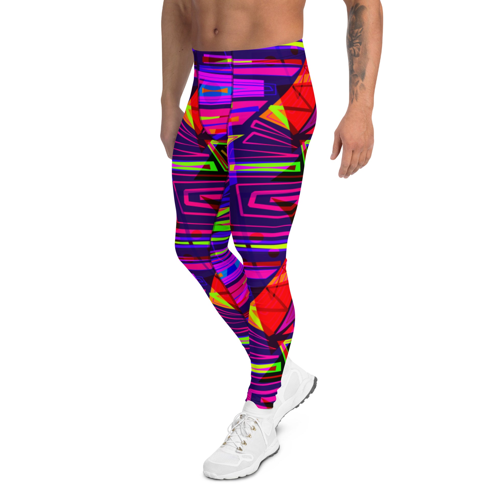 EDM electronic dance music style neoncore and vaporwave leggings for men in geometric angular layers and overlays. Tones of dark blue, red, pink, purple and orange in a neon effect. This EDM outfit or clubbing outfit is soft material with a stretchy 4-way stretch fabric that is super comfy and will ensure your mens fashion tights remain super bright and vivid long term.