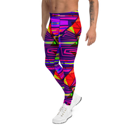 EDM electronic dance music style neoncore and vaporwave leggings for men in geometric angular layers and overlays. Tones of dark blue, red, pink, purple and orange in a neon effect. This EDM outfit or clubbing outfit is soft material with a stretchy 4-way stretch fabric that is super comfy and will ensure your mens fashion tights remain super bright and vivid long term.