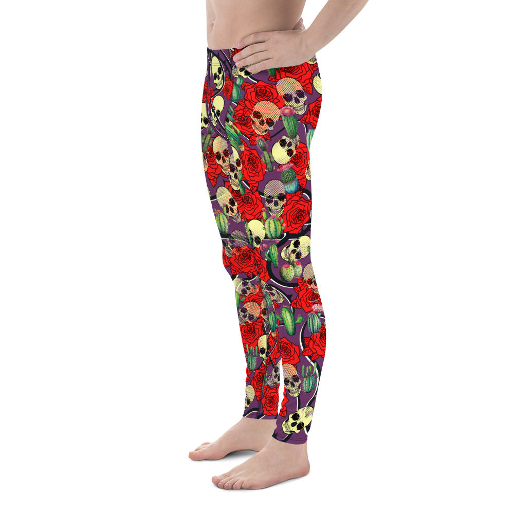 Creepy cute fashion leggings for men with skulls, roses and cactus plants. Purple meggings alternative fashion with mid rise waistband and ankle length legs.