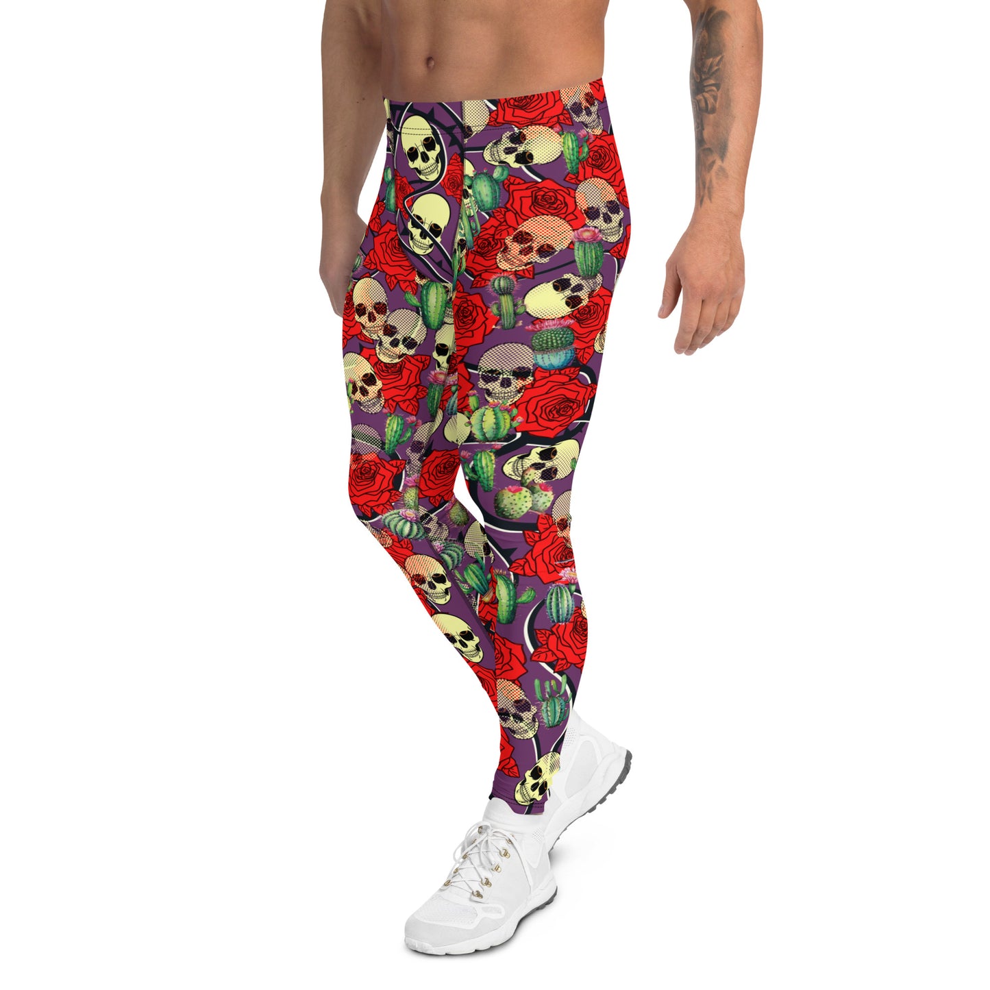 Creepy cute fashion leggings for men with skulls, roses and cactus plants. Purple meggings alternative fashion with mid rise waistband and ankle length legs.