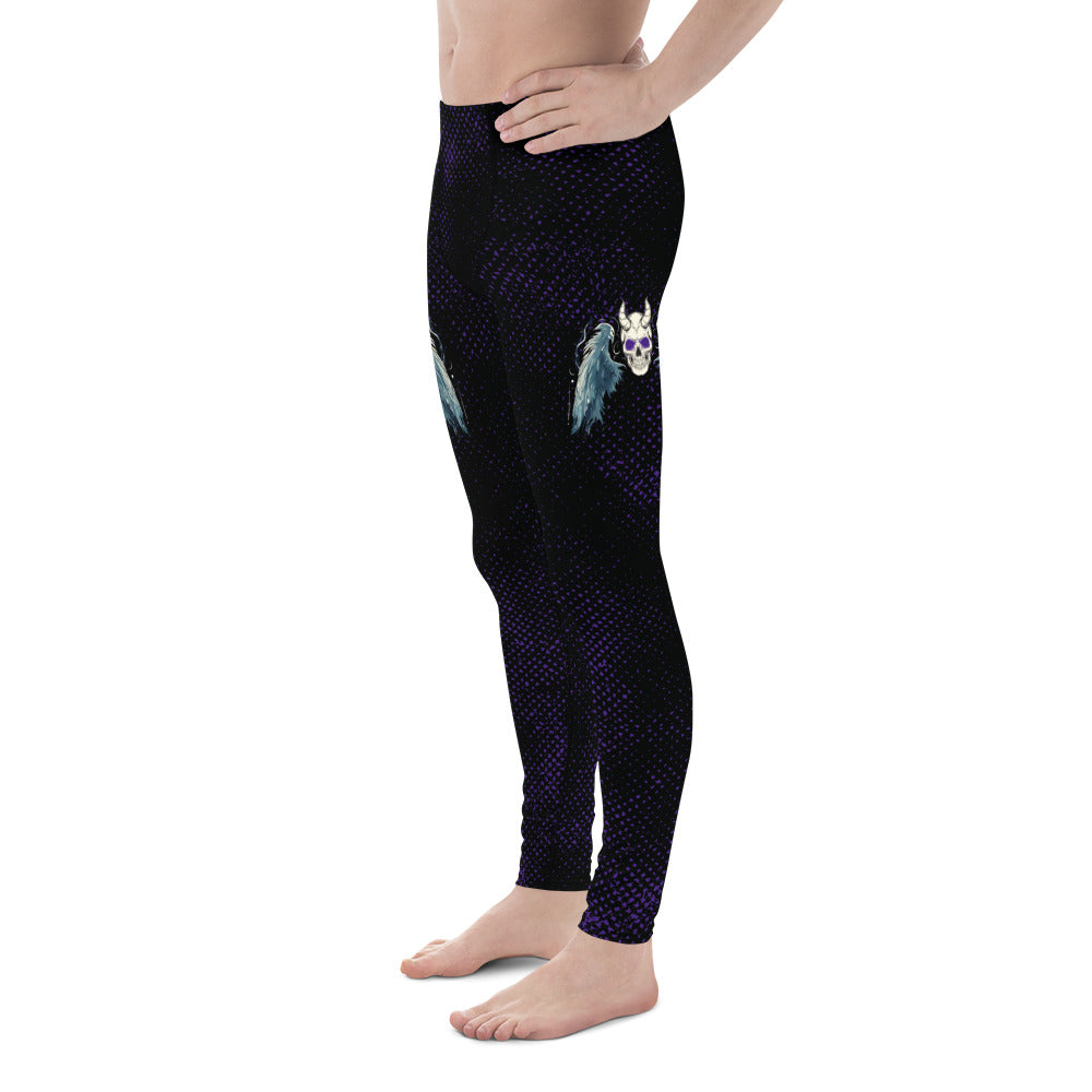 spooky gothic horror pro-wrestling tights with skull and wings on a black and purple distressed background. Mid rise leggings for men with ankle length legs.