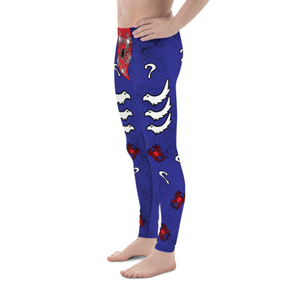 Mens lucha libre pro wrestling tights in navy blue with a red crotch area, containing black and white spiders.  White griffin birds in sets of 3 on each of the legs with more red spiders and question marks. Mid rise elasticated waistband and ankle length legs.