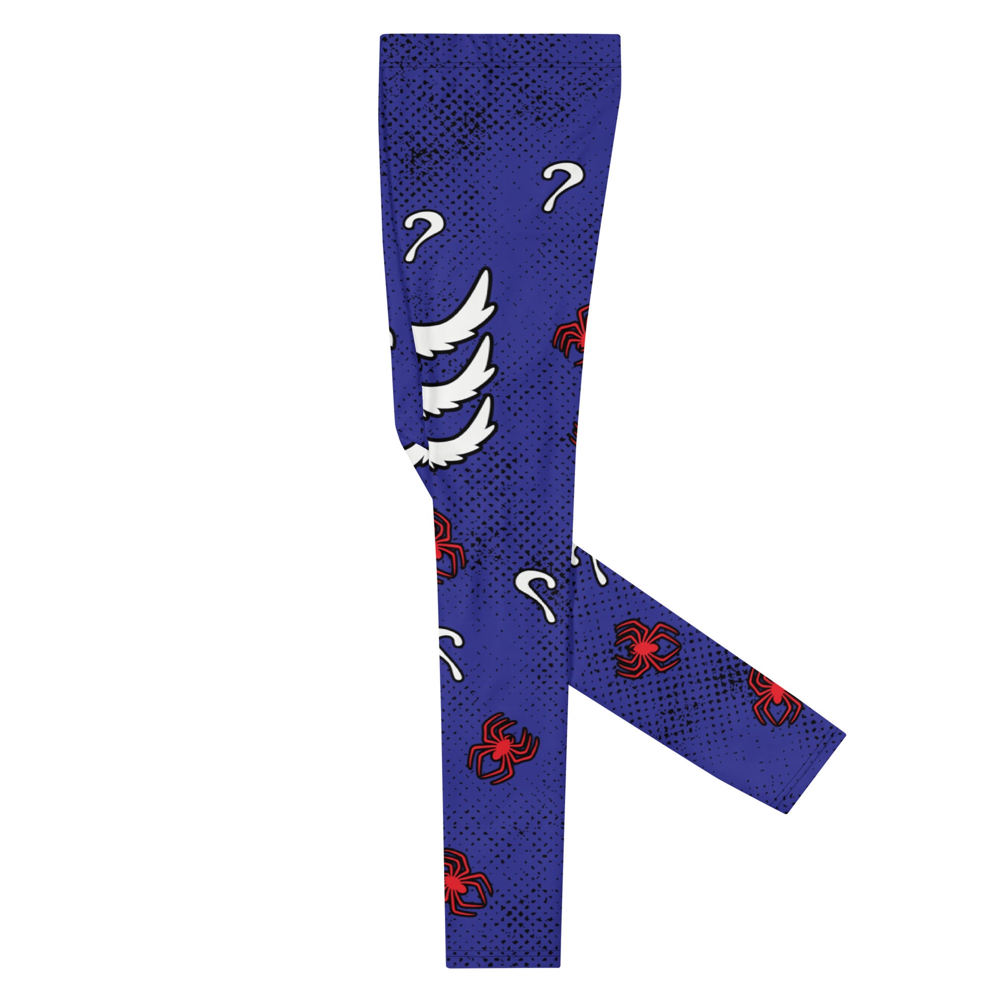 Mens lucha libre pro wrestling tights in navy blue with a red crotch area, containing black and white spiders.  White griffin birds in sets of 3 on each of the legs with more red spiders and question marks. Mid rise elasticated waistband and ankle length legs.