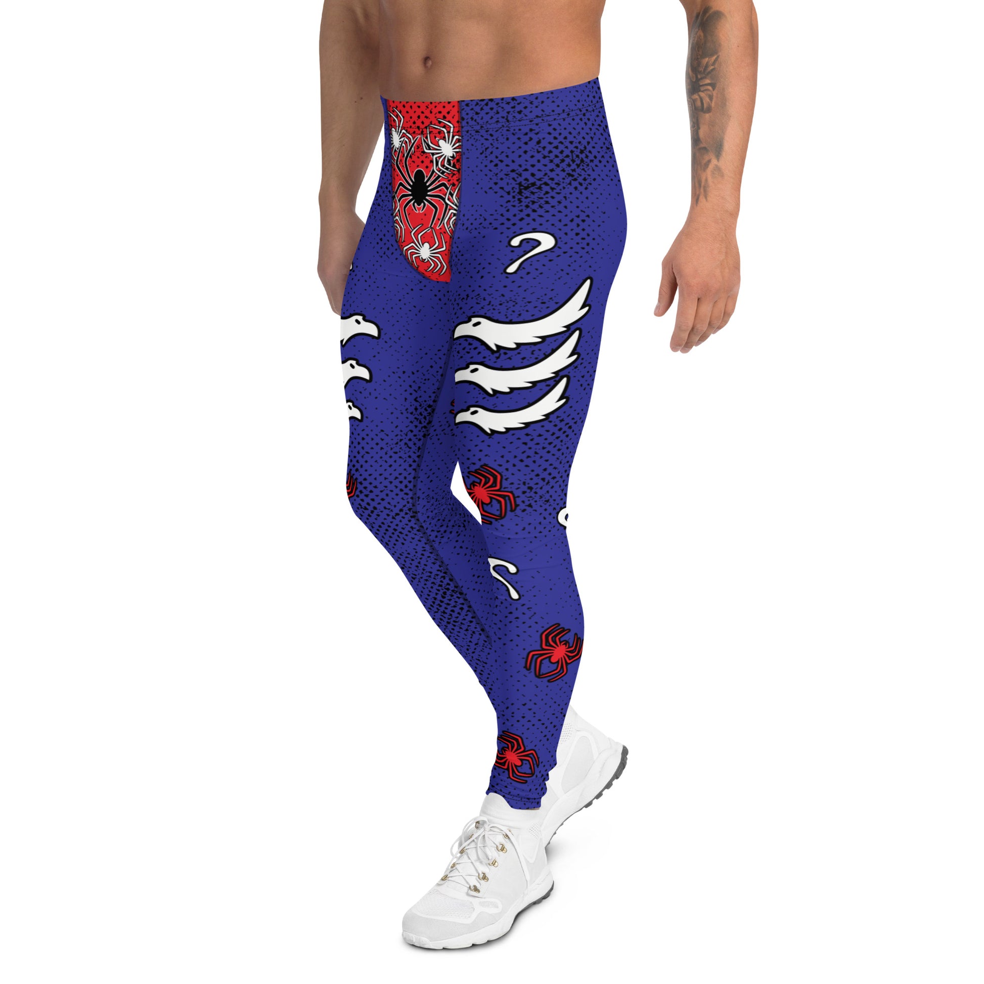 Mens lucha libre pro wrestling tights in navy blue with a red crotch area, containing black and white spiders.  White griffin birds in sets of 3 on each of the legs with more red spiders and question marks. Mid rise elasticated waistband and ankle length legs.