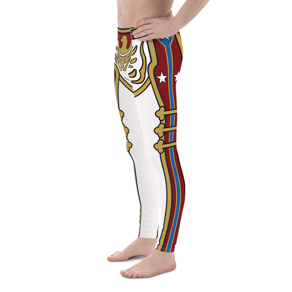 Retro Military style pro wrestling tights for men in white with gold and red trim. Fun eagle motif. Mid rise elasticated waistband and ankle length legs.