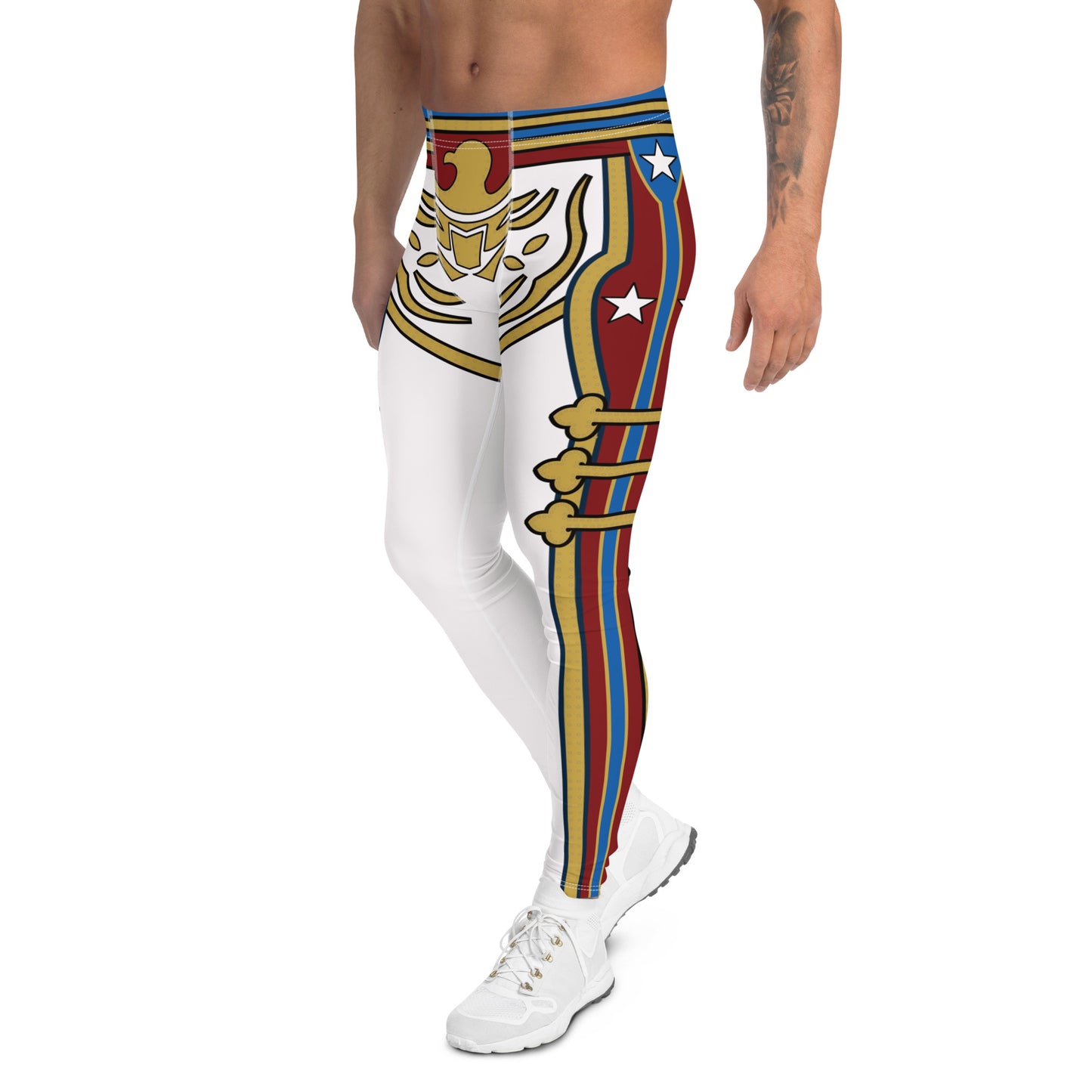 Retro Military style pro wrestling tights for men in white with gold and red trim. Fun eagle motif. Mid rise elasticated waistband and ankle length legs.