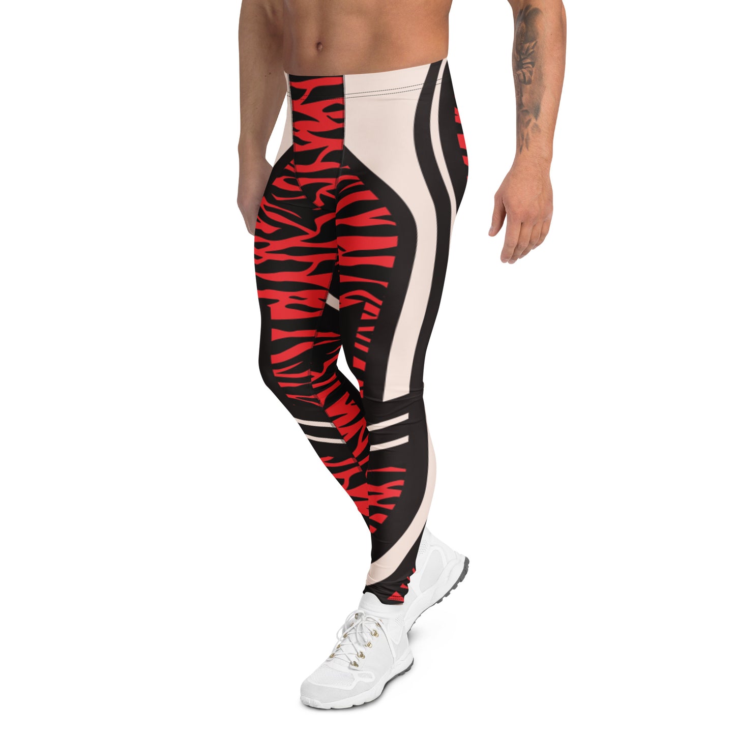 Men's leggings with red and black zebra pattern on a white background