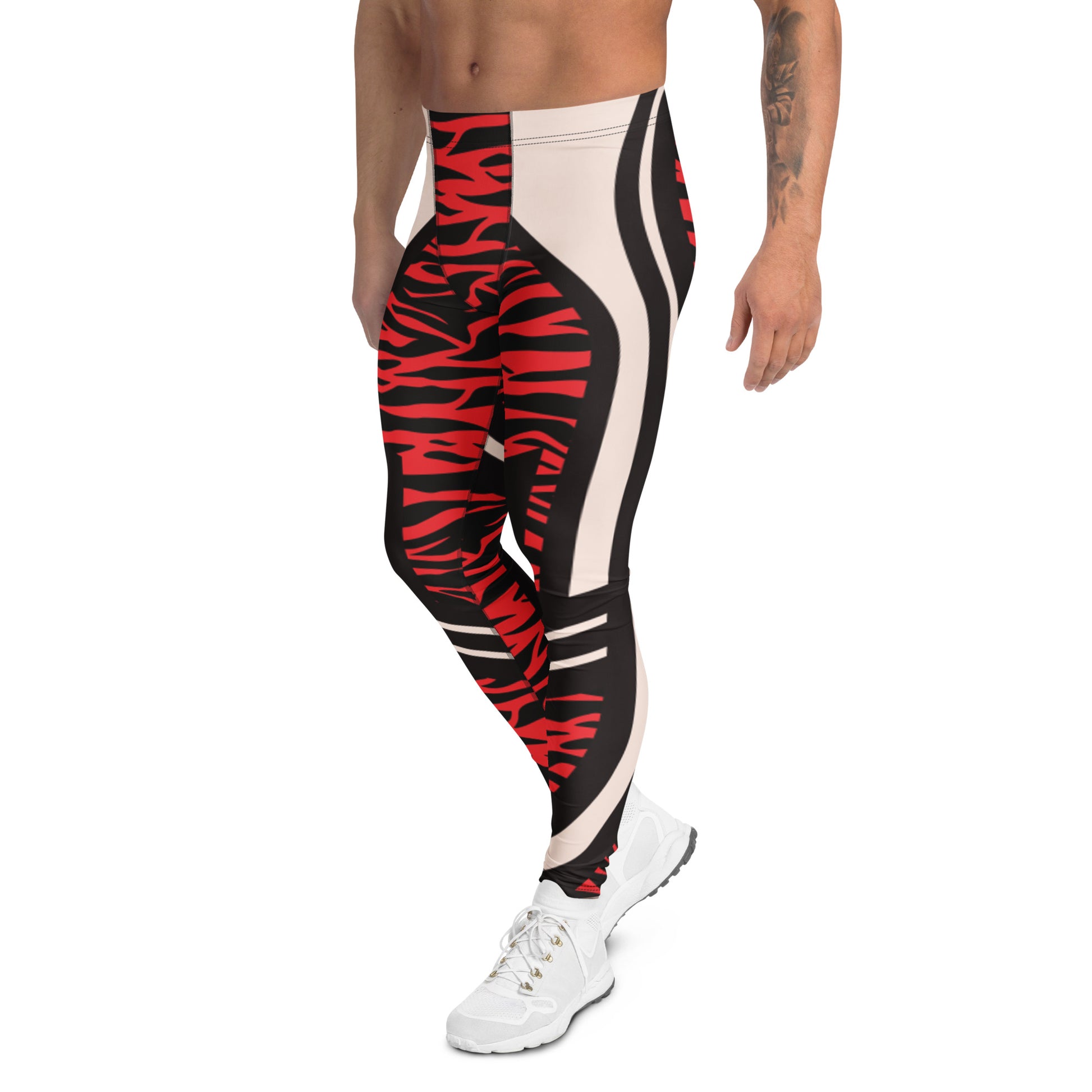 Men's leggings with red and black zebra pattern on a white background