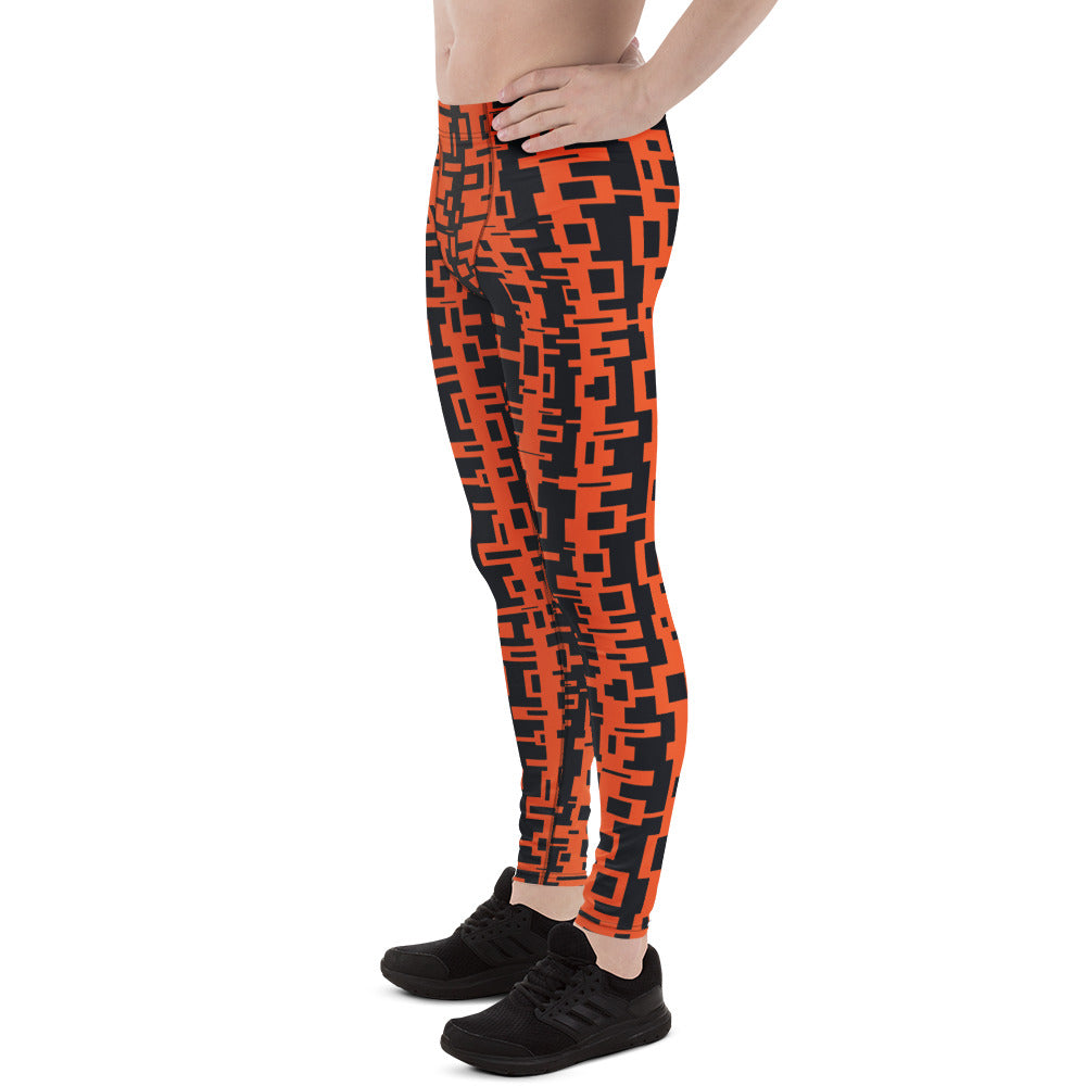Men's gym, sports and running leggings in vertical geometric design in orange and black.