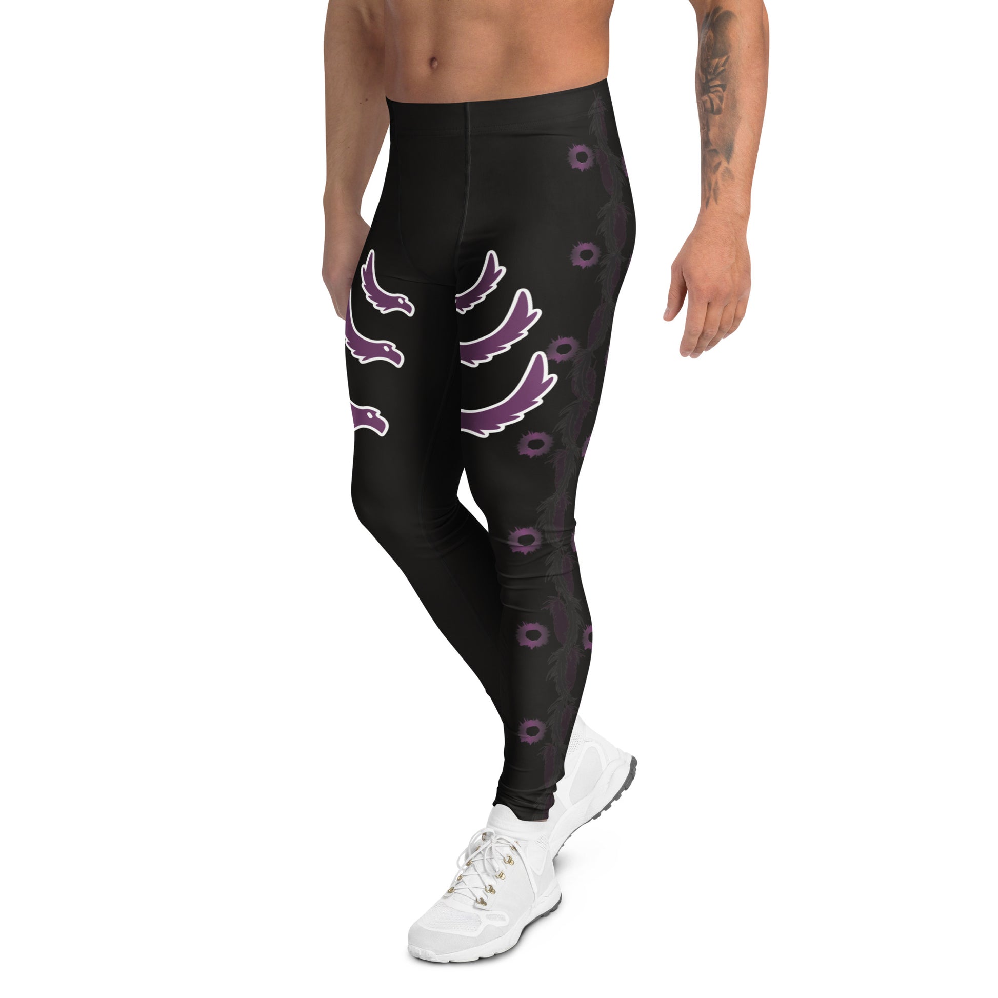Men’s wrestling-style performance leggings in black with purple gothic detailing