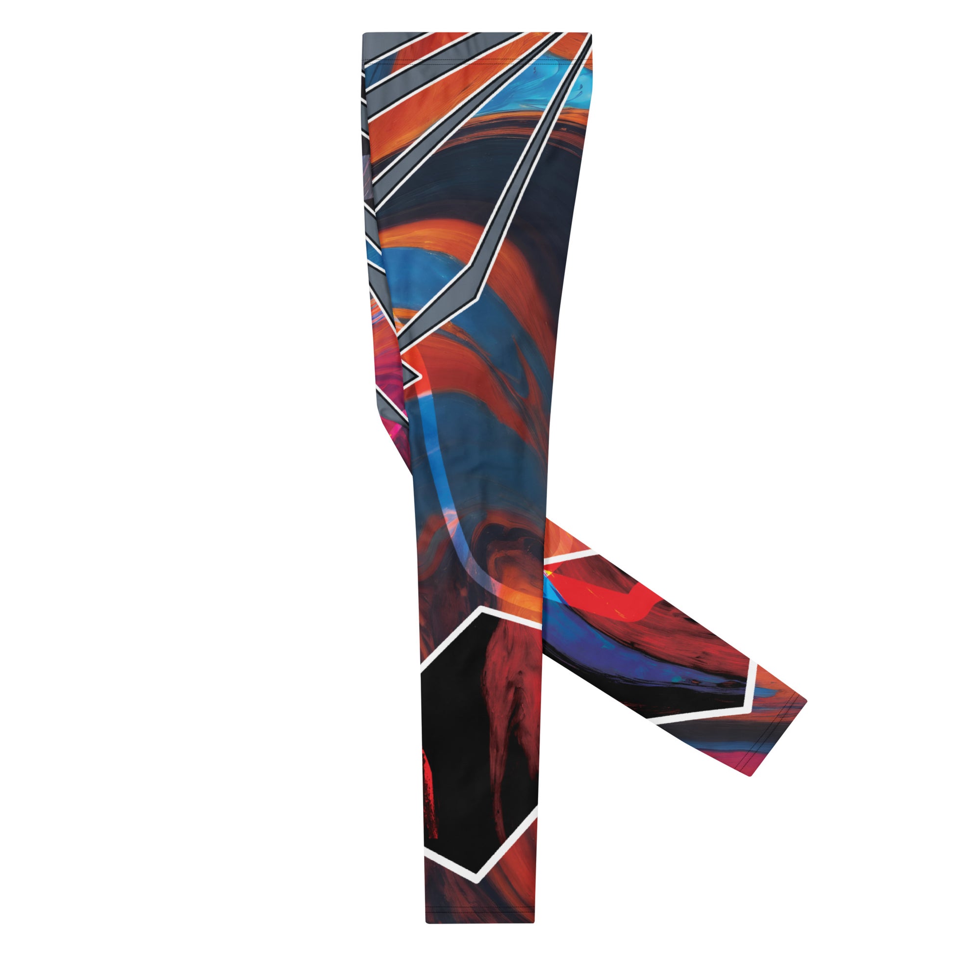 Bold pro wrestling tights in disruption style with a geometric pattern in a futuristic setting.  Left flat view