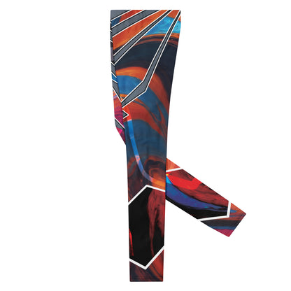 Bold pro wrestling tights in disruption style with a geometric pattern in a futuristic setting.  Left flat view