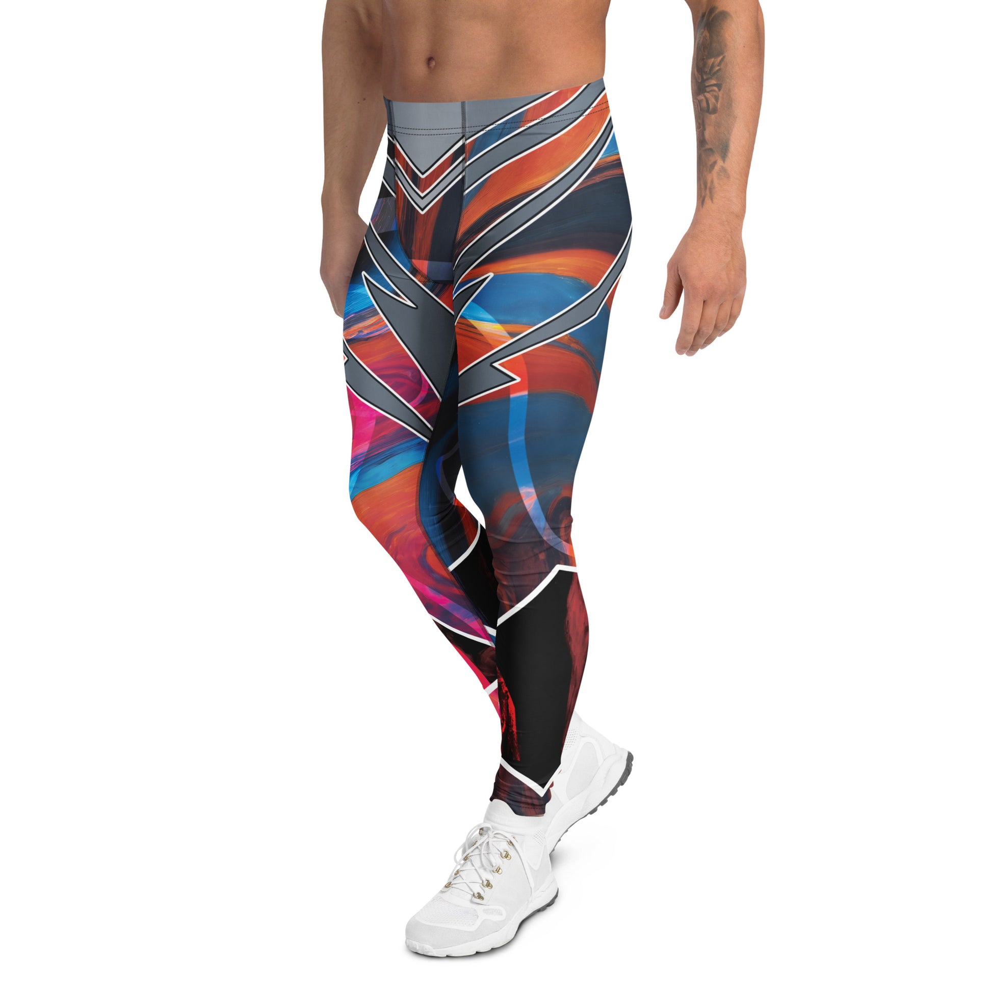 Bold pro wrestling tights in disruption style with a geometric pattern in a futuristic setting. Left view.