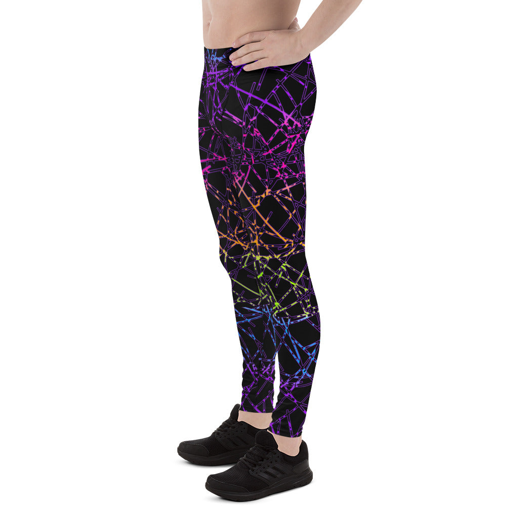 black leggings with rainbow geometric design in synthwave style, left view