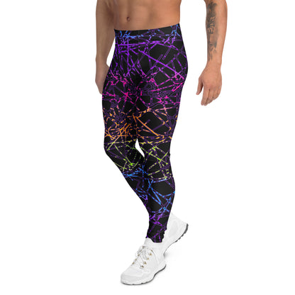 man wearing black leggings with rainbow geometric design in synthwave  style , left view