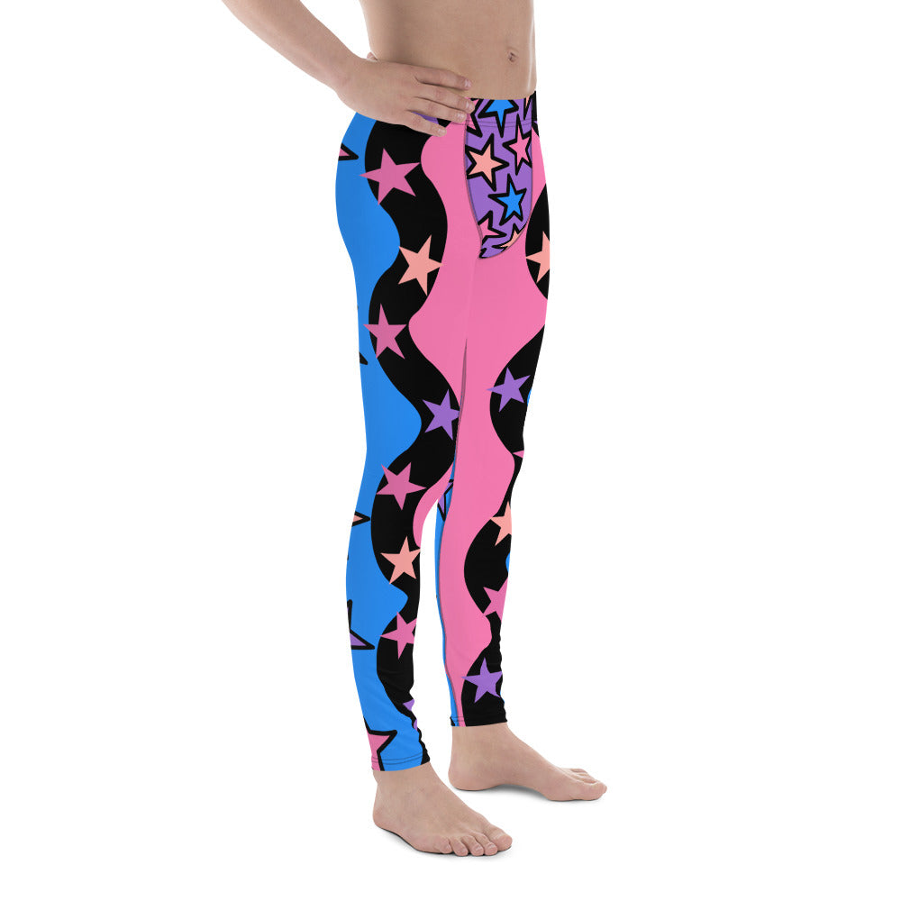 Festival Leggings for Men | Spandex Men’s Pro Wrestling Long Tights | EDC Rave Gear Meggings | Clubbing Outfit | Fashion Meggs | Kawaii Clothing. Pink and blue patterned leggings for men with pastel stars.