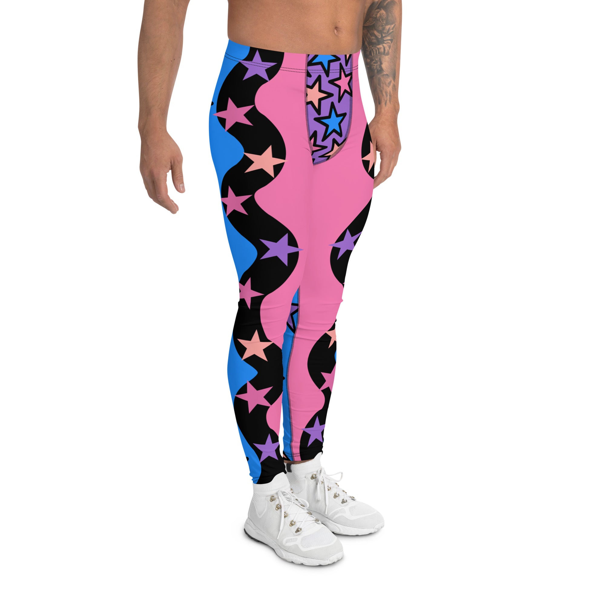 Festival Leggings for Men | Spandex Men’s Pro Wrestling Long Tights | EDC Rave Gear Meggings | Clubbing Outfit | Fashion Meggs | Kawaii Clothing. Pink and blue patterned leggings for men with pastel stars.