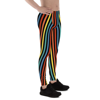 Festival Mens Leggings, Stripy Wrestling Style Performance Tights, Fashion Meggs, Rainbowcore Striped Meggings, Rave Gear Clubbing Outfit, pro wrestling tights, climbing, stripy rainbow LGBT Pride outfit idea by BillingtonPix