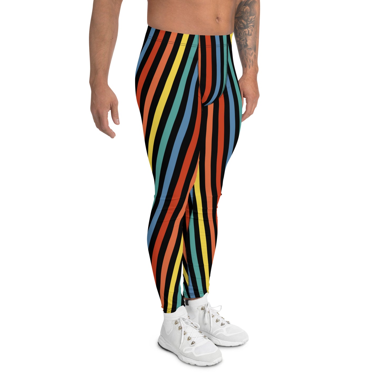 Festival Mens Leggings, Stripy Wrestling Style Performance Tights, Fashion Meggs, Rainbowcore Striped Meggings, Rave Gear Clubbing Outfit, pro wrestling tights, climbing, stripy rainbow LGBT Pride outfit idea by BillingtonPix