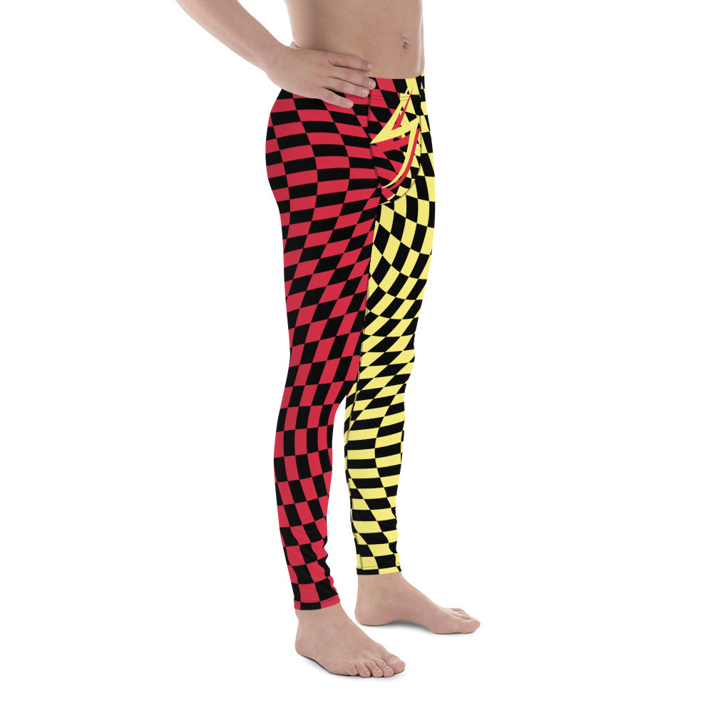 Mens Leggings Harlequin Checked Meggings 80s Wrestling Style Meggs Party Clubbing Costume Yoga Pilates Sports Leggings Halloween Streetwear. Red, yellow, black glitch check pants for burning man, festivals, parties, performances, dance,  zigzag front