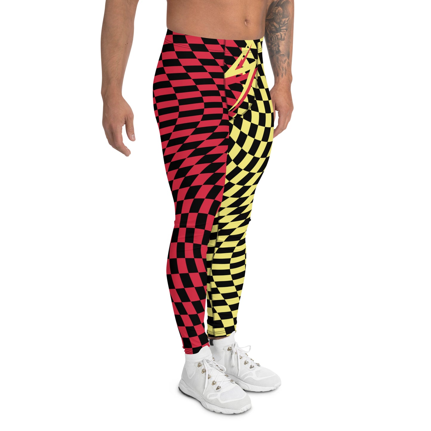 Mens Leggings Harlequin Checked Meggings 80s Wrestling Style Meggs Party Clubbing Costume Yoga Pilates Sports Leggings Halloween Streetwear. Red, yellow, black glitch check pants for burning man, festivals, parties, performances, dance,  zigzag front