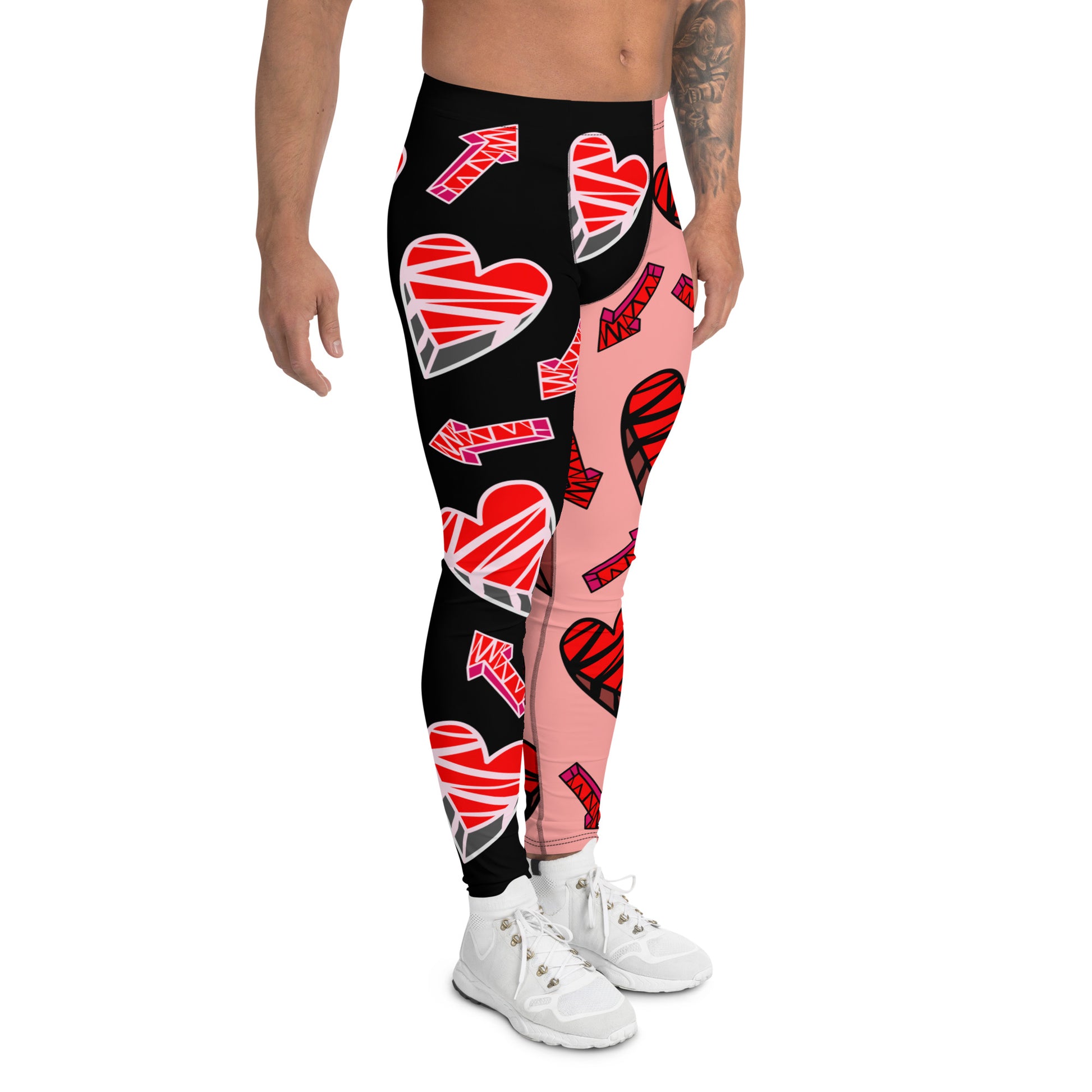 Mens Leggings Wrestling Gear Meggings for Guys, Retro Hearts Gym Meggs, Vibrant Alternative Clothing for Men, Halloween Dance Tights. Broken hearts, anime funny wrestler weightlifter leggings for men in black red white orange.