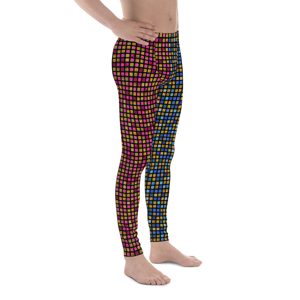 Mens Leggings EDM Rave, Geometric Cosplay Meggings, Festive Party Meggs, Wrestling Tights, Festival Leggings for Men, Workout Dance Leggings. Pink, blue and gold glitter effect meggings in geometric vaporwave pattern giving a retro 70s disco ball vibe.