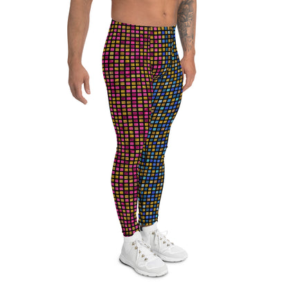 Mens Leggings EDM Rave, Geometric Cosplay Meggings, Festive Party Meggs, Wrestling Tights, Festival Leggings for Men, Workout Dance Leggings. Pink, blue and gold glitter effect meggings in geometric vaporwave pattern giving a retro 70s disco ball vibe.